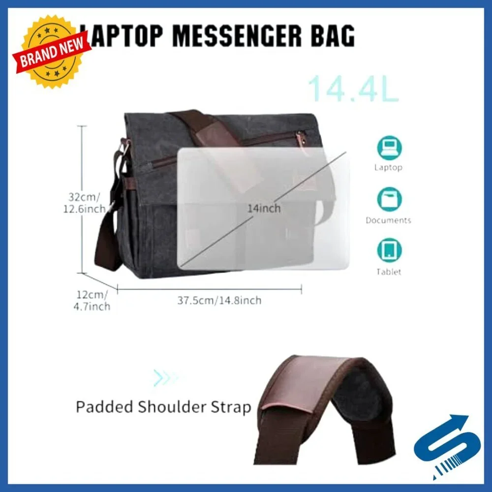 Water Resistant Canvas Messenger Bag for 14 Inch Laptop, Business Satchel